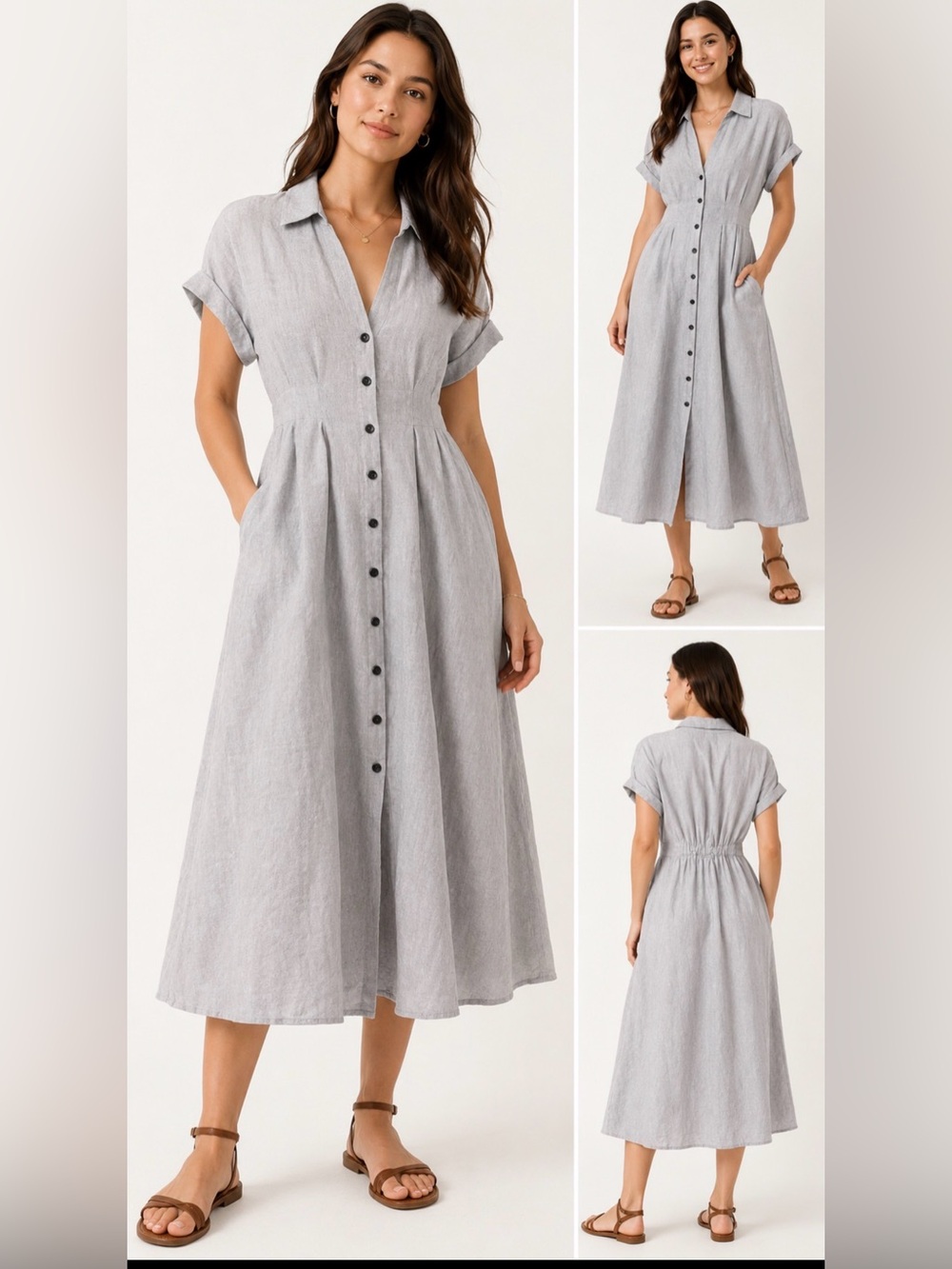 Madewell Pleated Button Front 100% Linen Midi Shirtdress Gray XXs